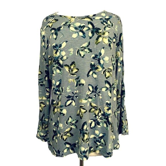 J. Jill Falling Leaves Slate Blue Floral Pullover Top Long Sleeves Detailed Sz L - Picture 1 of 4